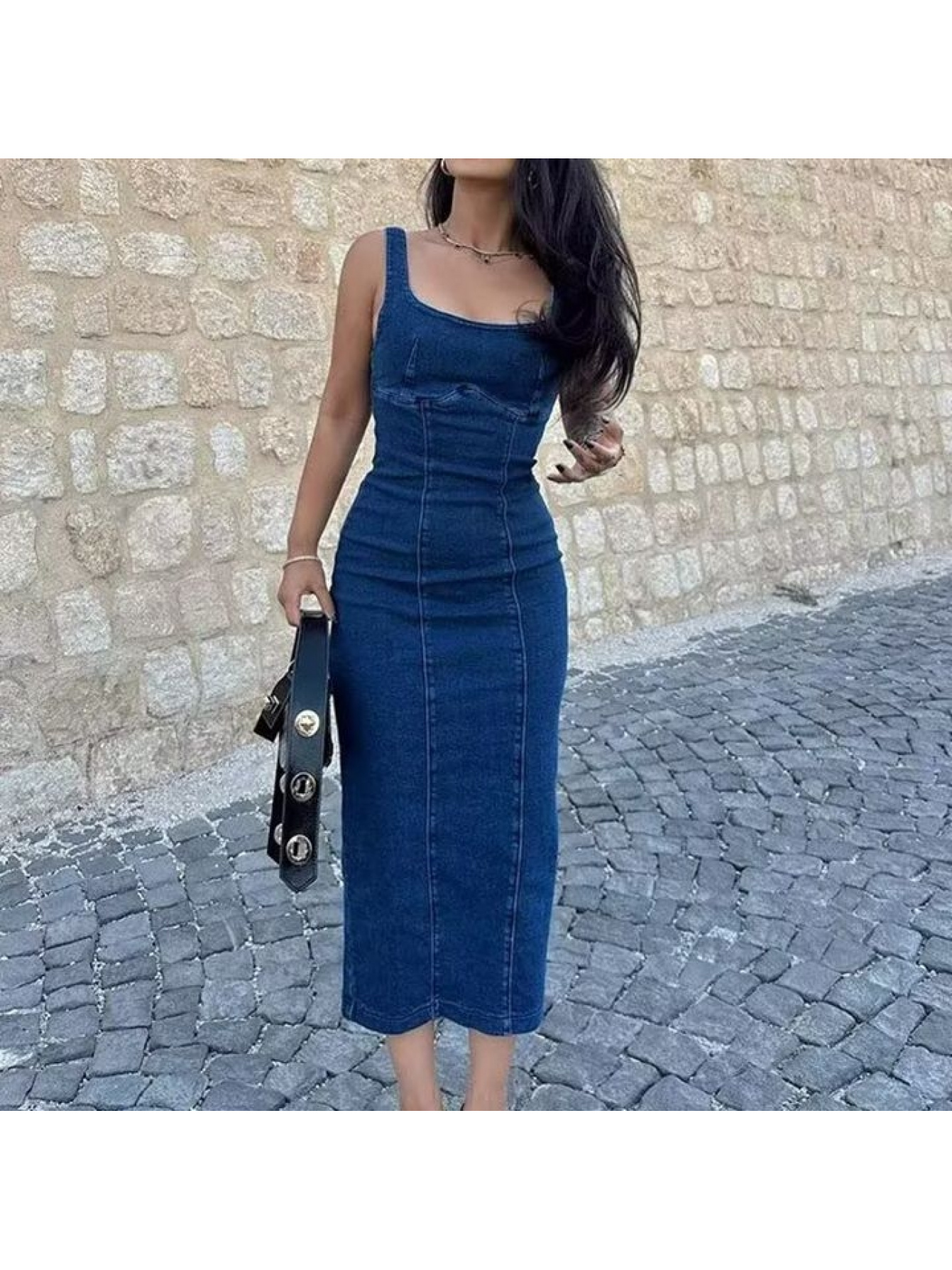 knee length dresses for ladies Mid Blue Sculpted Denim Midi Dress – Qua