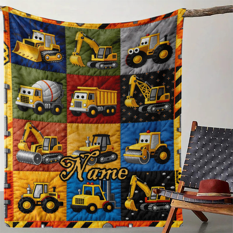 TEMU 1pc Personalized Name/text Custom Engineering Car Pattern Fleece Blanket - Soft, Lightweight, Warm, - Perfect For Sofa,, Travel, Camping, Or