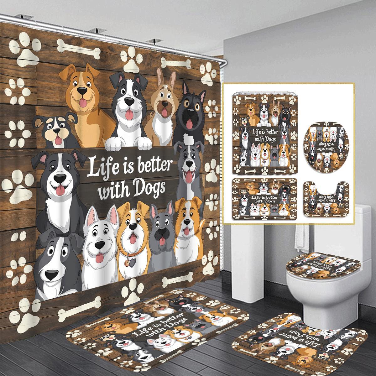 

Christmas Dog 1/4pcs Shower Curtain Set 12 - Shower Curtain, Bath Mat, And U-shaped Rug -bathroom Decoration Set, The For