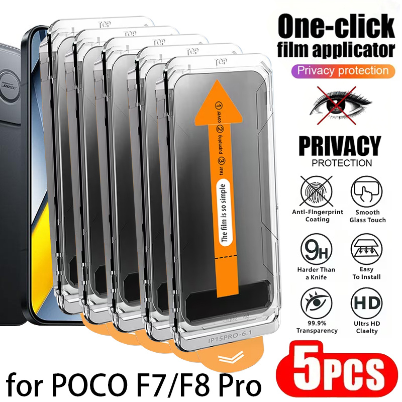 Pet zaščitnih stekel za zaslon, zasnovanih za zasebnost, primerno za Xiaomi Poco F7/F8 . Omogočajo odklepanje s prstnim odtisom, usmerjeno so