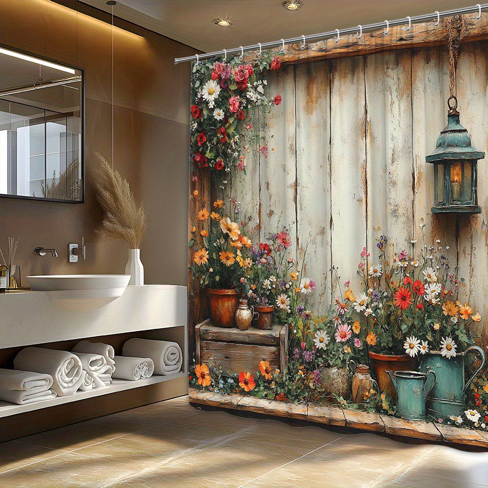 TEMU Rideau de Douche Jardin Rustique 1pc - Planches de Bois Vieillies avec Fleurs en Pot Vives et Design Lanterne Vintage, Décor Salle de Bain en