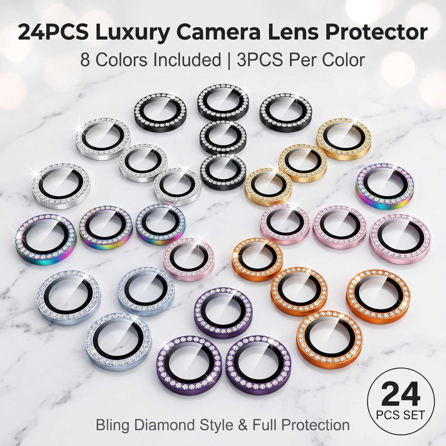 TEMU 24pcs 8 Colors 3pcs Each Diamond Inlaid Camera Lens Protector With Tempered Glass For Iphone 17 Pro 15 14 13 12 11 All Models Scratch Resistant
