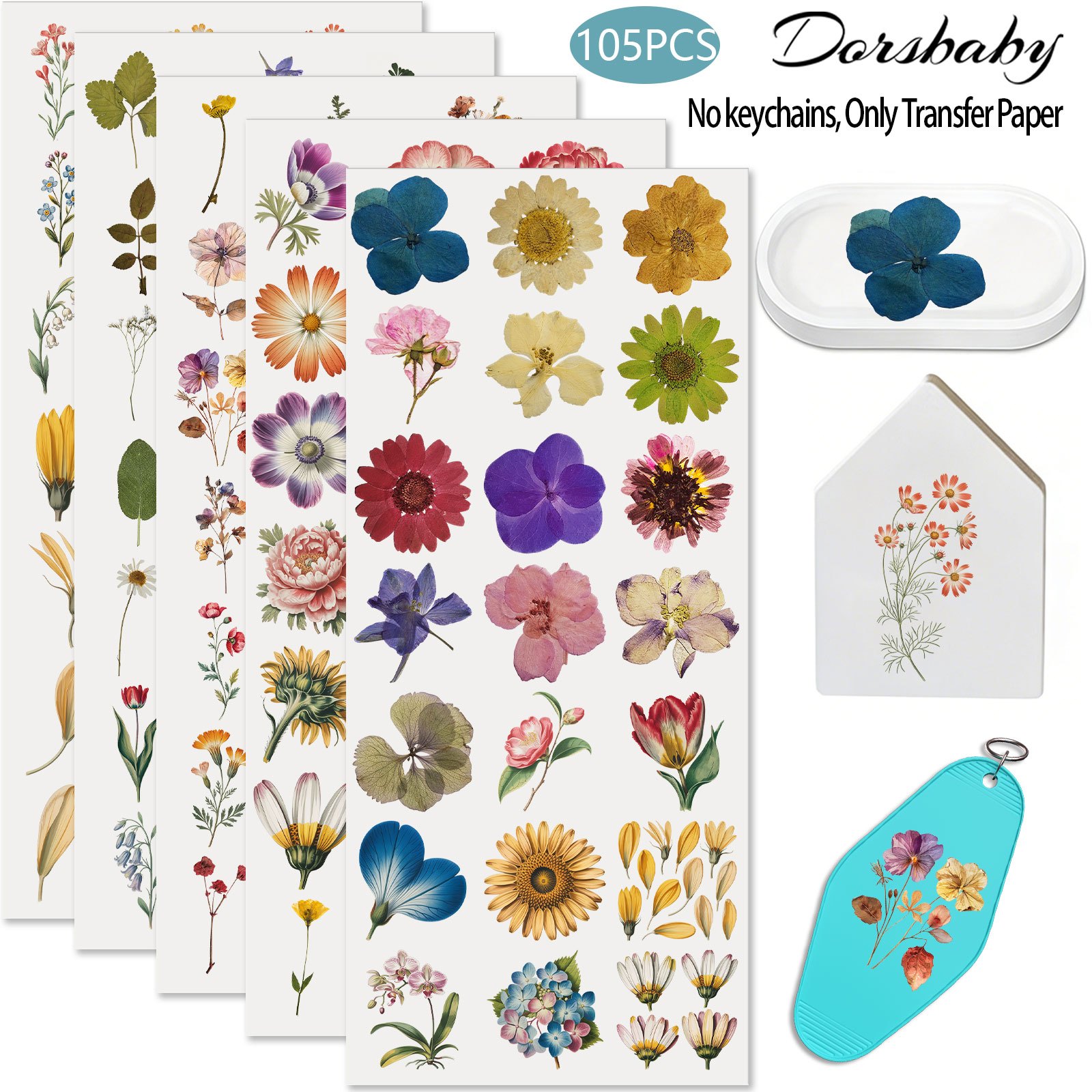 TEMU 105pcs UV DTF Fleurs Pressées à , UVDTF pour Mugs, Ordinateurs Portables, Cahiers et Meubles (Pas de Porte-clés, Seulement)