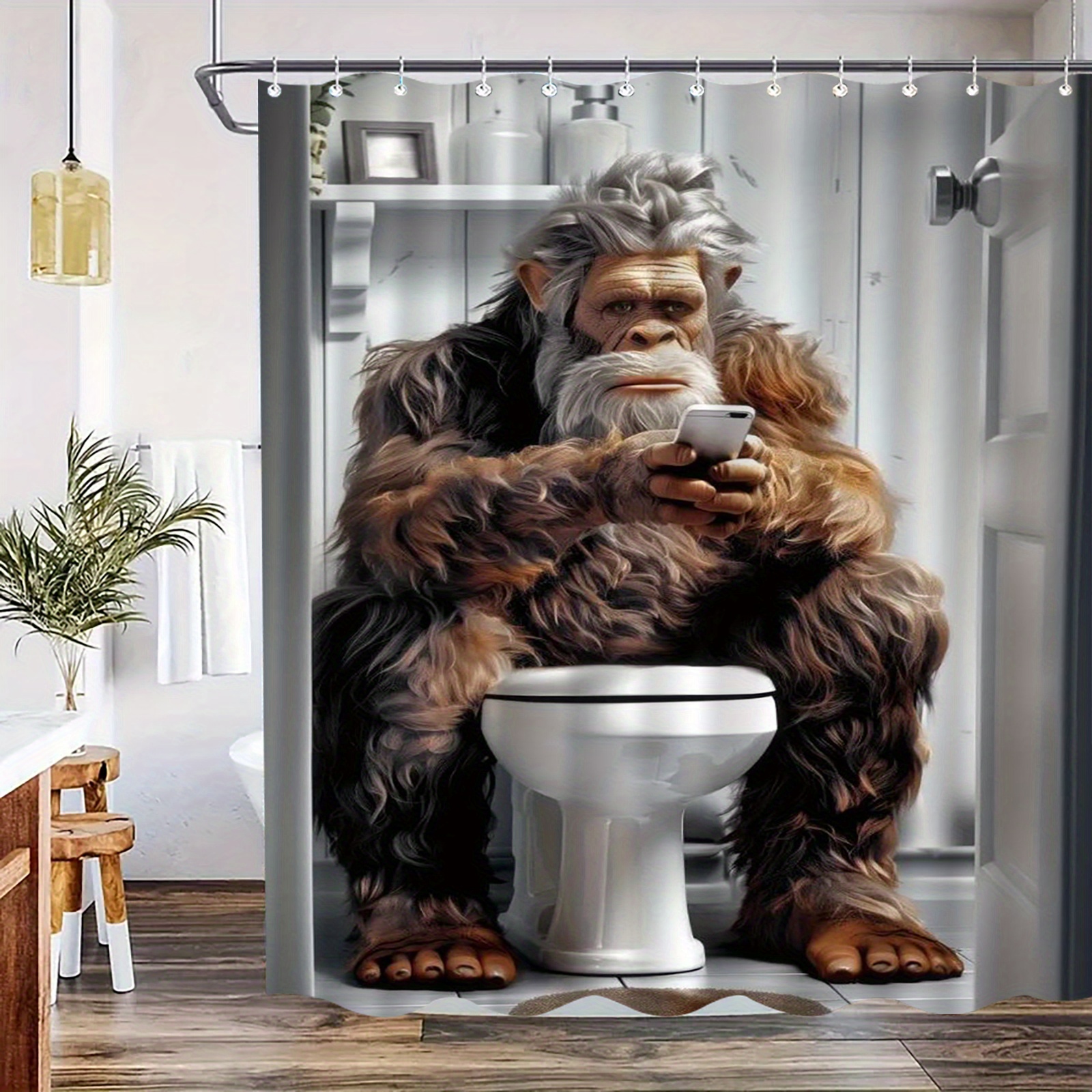 Gorilla-Themed Shower Curtain with Mobile Phone Design