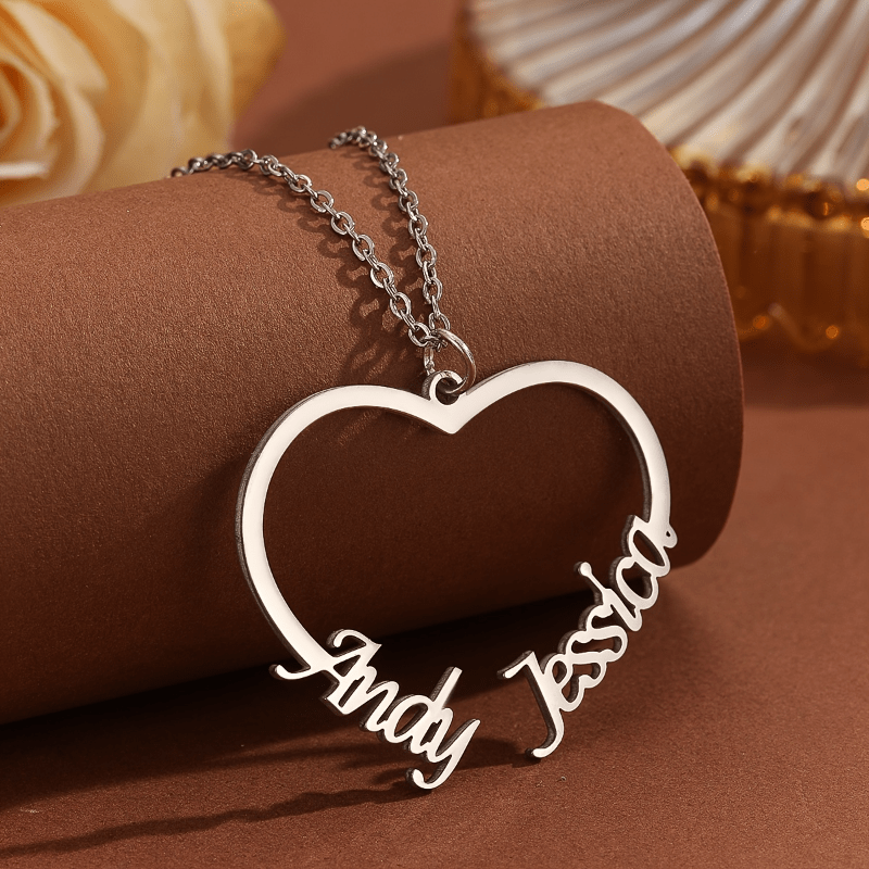 TEMU Personalized Heart-shaped Necklace Featuring Custom Dual Names, Elegant And Minimalist Style, Suitable For Everyday Wear And Parties, A Perfect