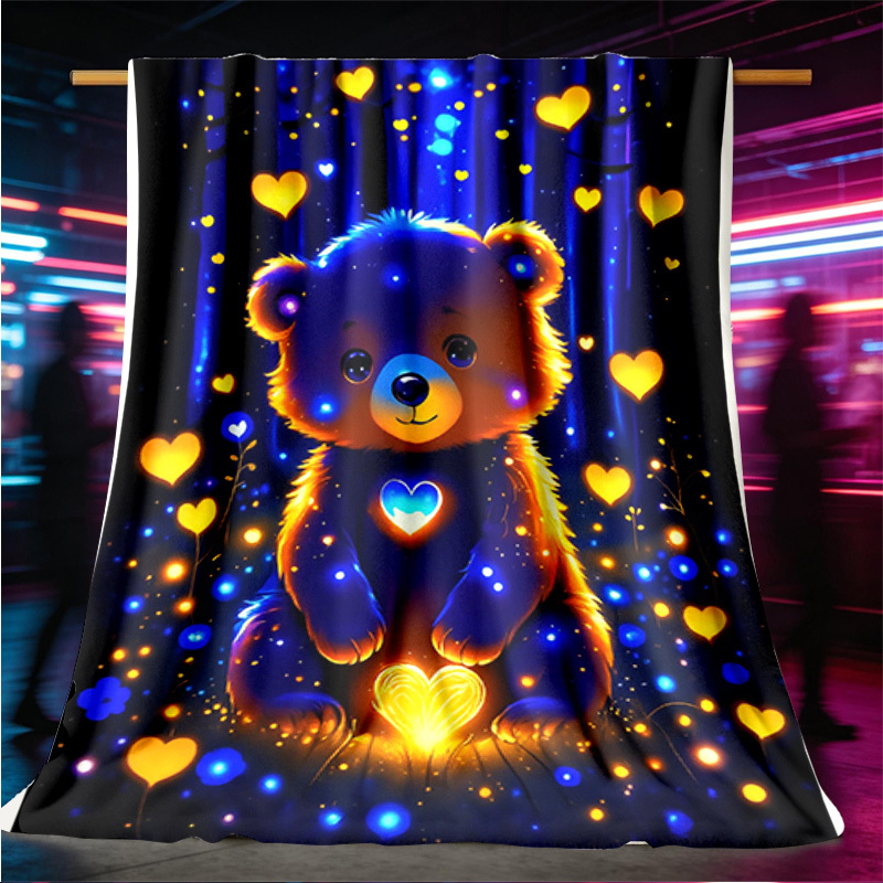 TEMU 1pc 2026 New Large-size Home Blanket, Blue Light-up Heart-shaped Bear Print Sofa Blanket, Bed Blanket, Beach Camping Outdoor Blanket, Nap