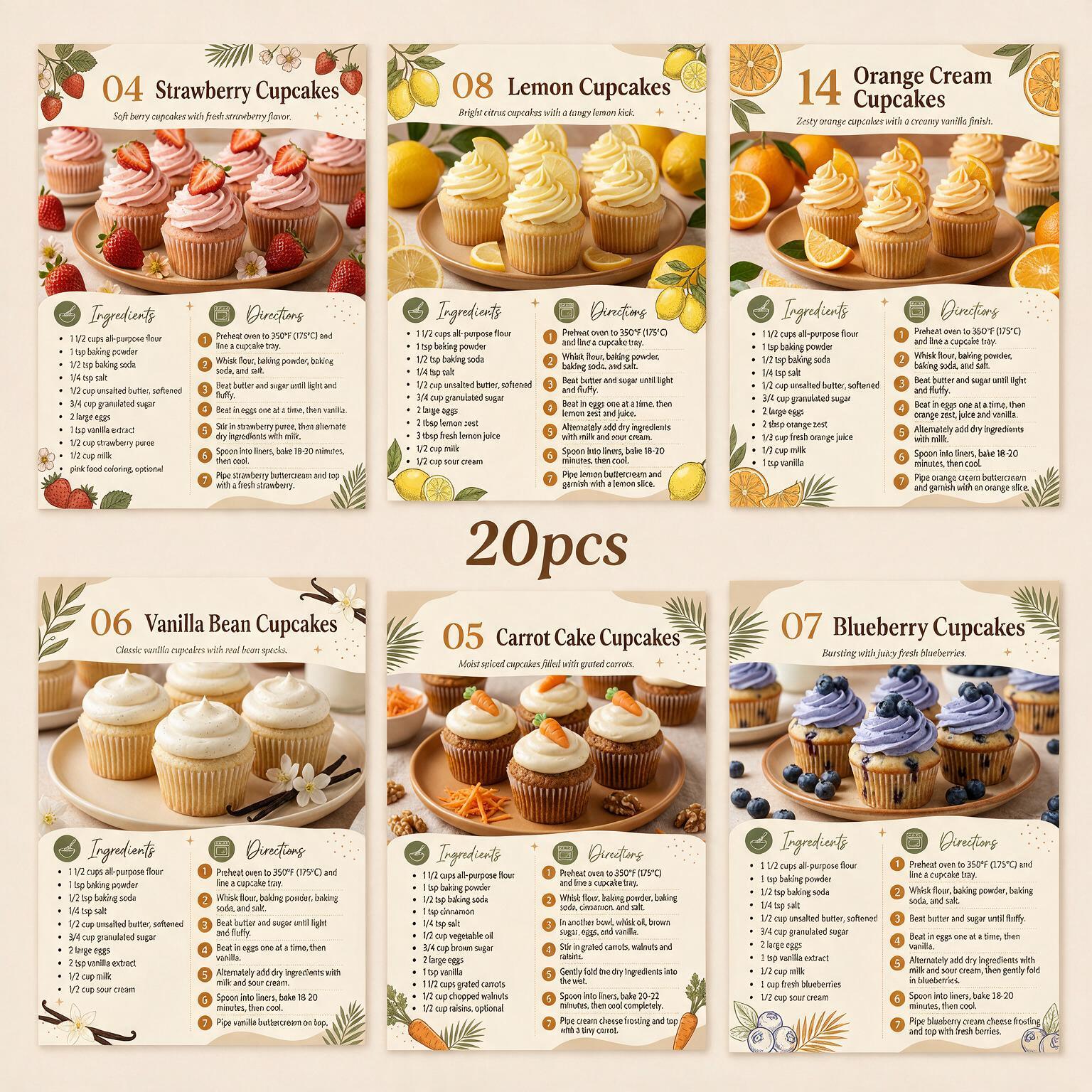 TEMU 20pcs Cupcake Recipe Postcards, Warm Cream Style / Bohemian Plant Hand-drawn Style Postcards, -by-step Baking Guide, Suitable For Home Bakers,