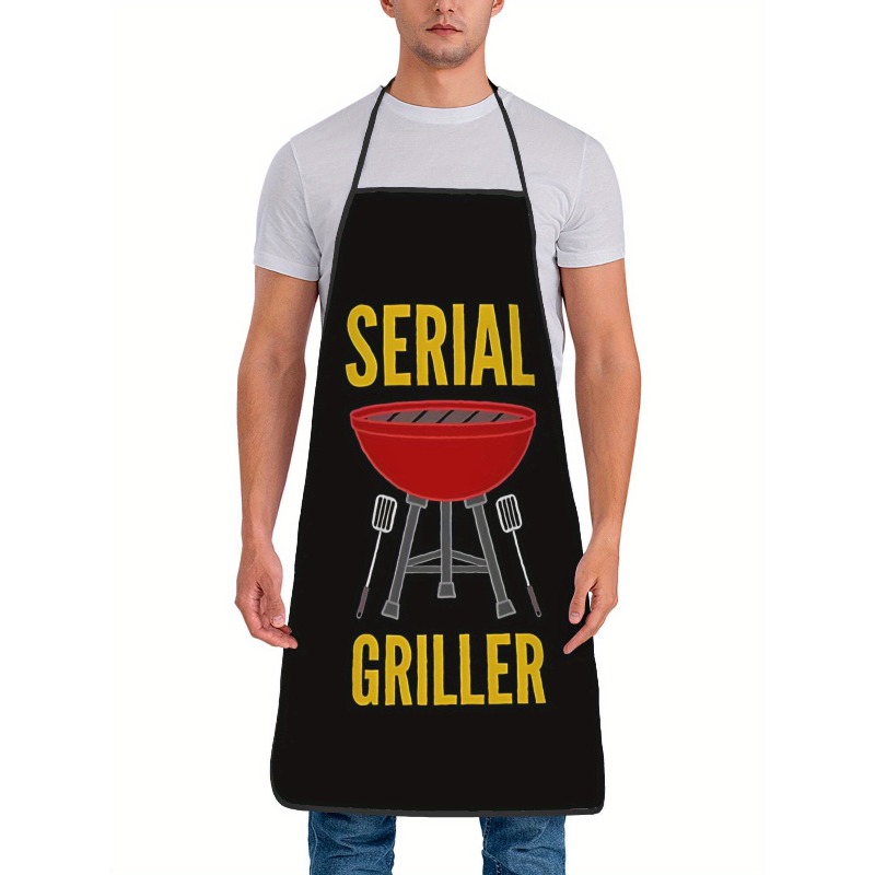TEMU 1pc Adjustable Cooking Apron - Black With Grill Design, Unisex Retro Style For Household & Outdoor Cooking, Fabric, Adjustable Straps, Bbq Apron