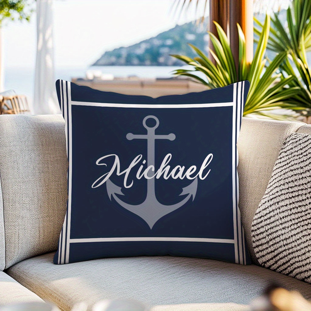 Image of 1pc Of Custom Short Plush Pillowcase - Anchor Pattern With Personalized Name Design, Extremely Soft Cushion Cover Suitable For Sofa, Bed, Car, And Living Room, Perfect For Home Decoration.