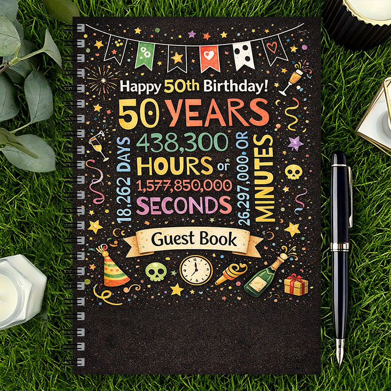 TEMU 1pc 50th Birthday Guest Book, Black Golden Happy Birthday Spiral Notebook, Funny 50 Years Old Birthday Decorations For Men Women, Memorial Book,