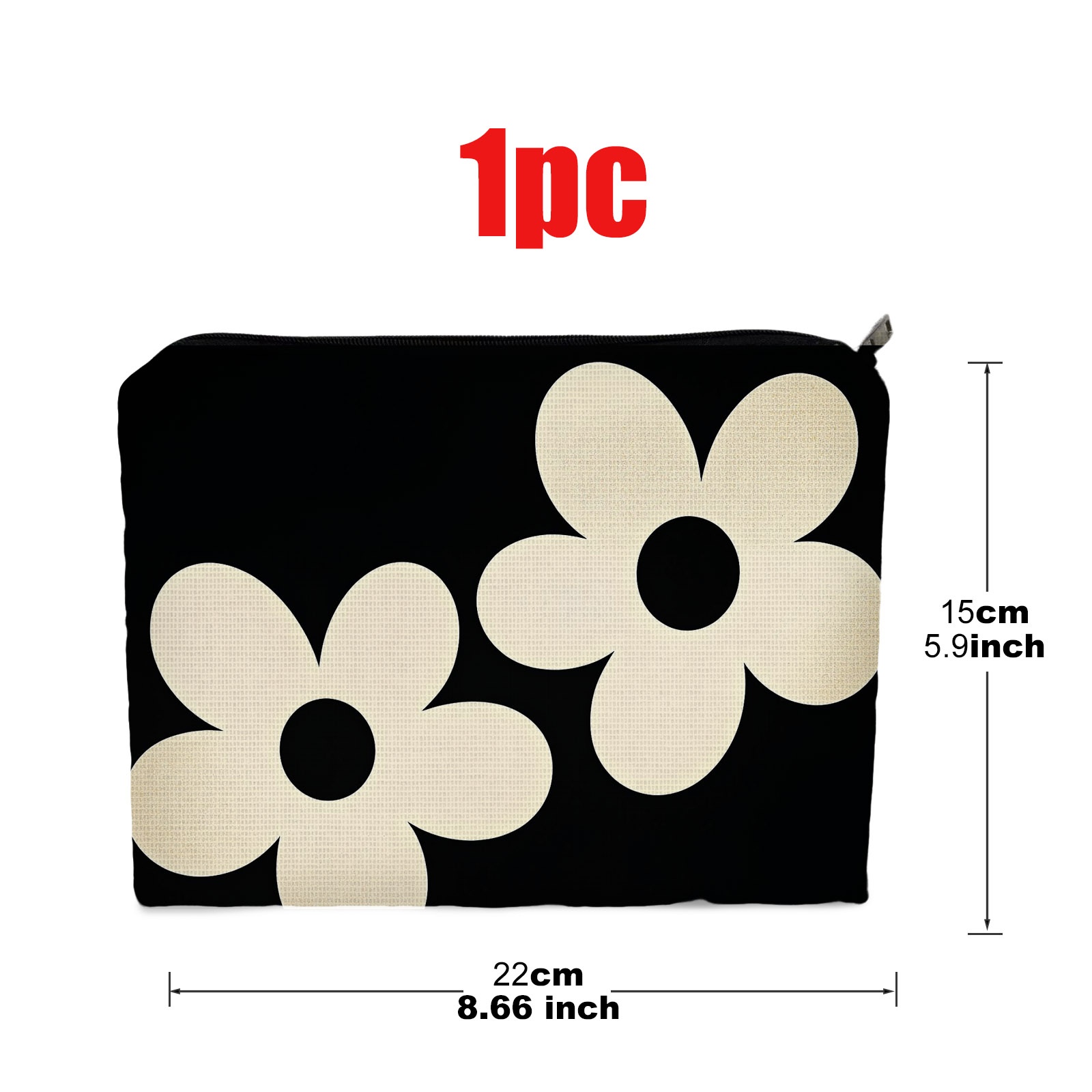 TEMU Double-sided Polyester Makeup Pouch, 5.9 X 8.66 Inches White Five-petaled Flower Print With Black Center, Portable Travel Cosmetic Bag For