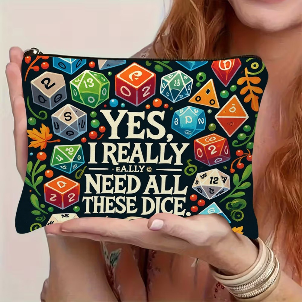 TEMU 1pc 2d Flat Printed Fun Tabletop Gaming Cosmetic Bag With "yes, I Really Really Need All Dice" Slogan, Vibrant Polyhedral Dice, Autumn Leaves &