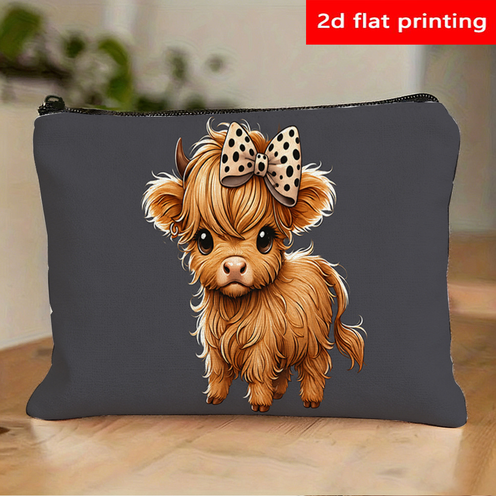 TEMU 2d Flat Printing Cute Highland Cow Bow Print Toiletry Bag Portable Toiletry Bag Pencil Case For Mom Teacher Travel Multi-functional Storage Gift