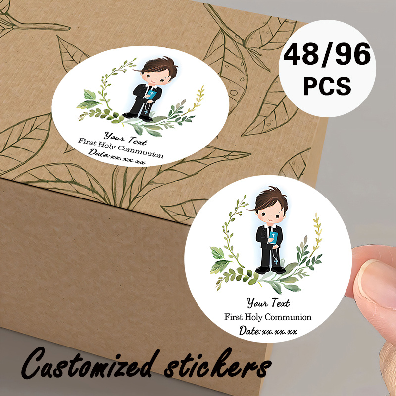 TEMU Pegatinas Redondas Personalizadas para " de Comunión", Disponibles en Juegos de 48 o 96, con un Niño Vestido de Comunión Rodeado de una Corona,