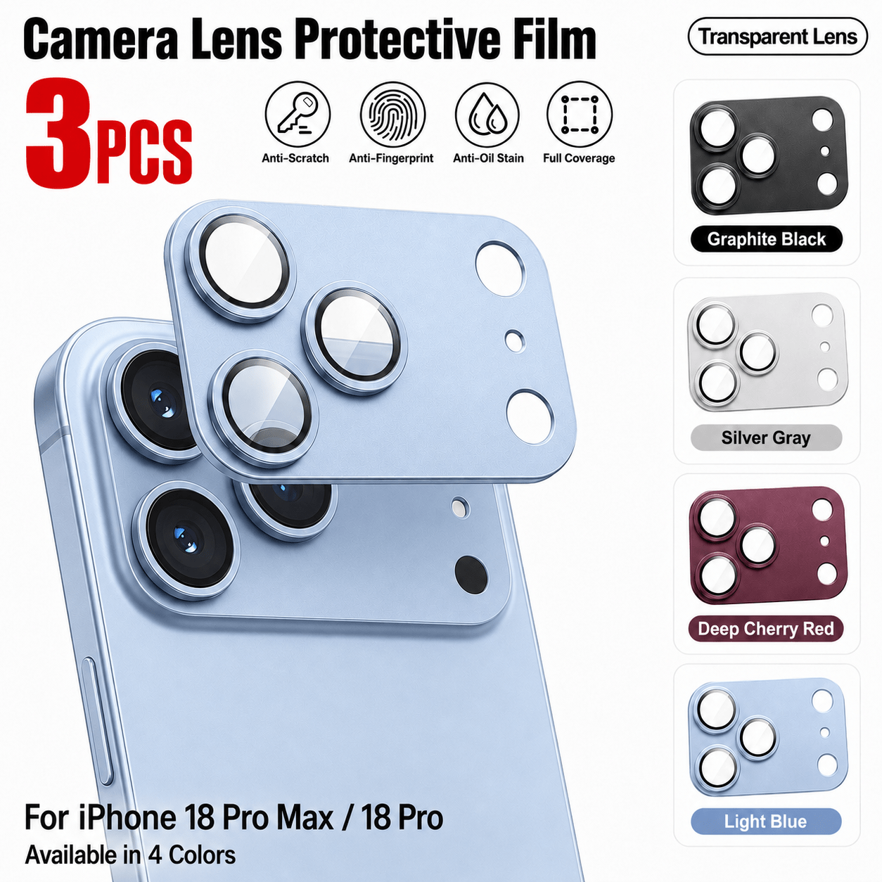 TEMU 3 шт. Захисна плівка на об'єктив камери 360° для iPhone 18 Pro / 18 Pro Max, повне покриття, захисне скло 9H, HD , AR антиблісценція, стійкість