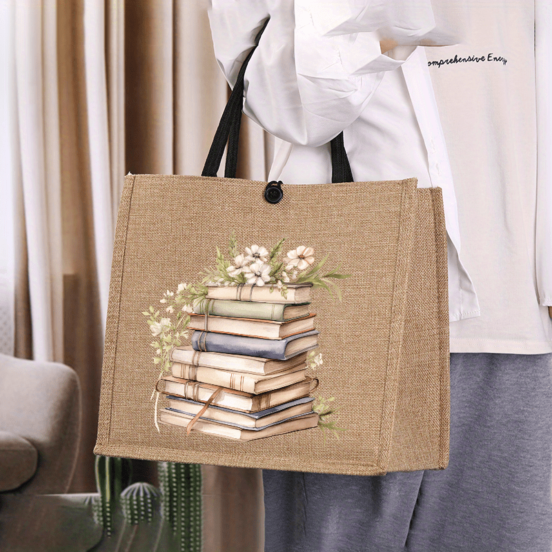 TEMU Sacs fourre-tout chics de Pâques pour femme en toile de jute de , sac esthétique à motif de pile de livres avec fleurs, style féminin, sac à