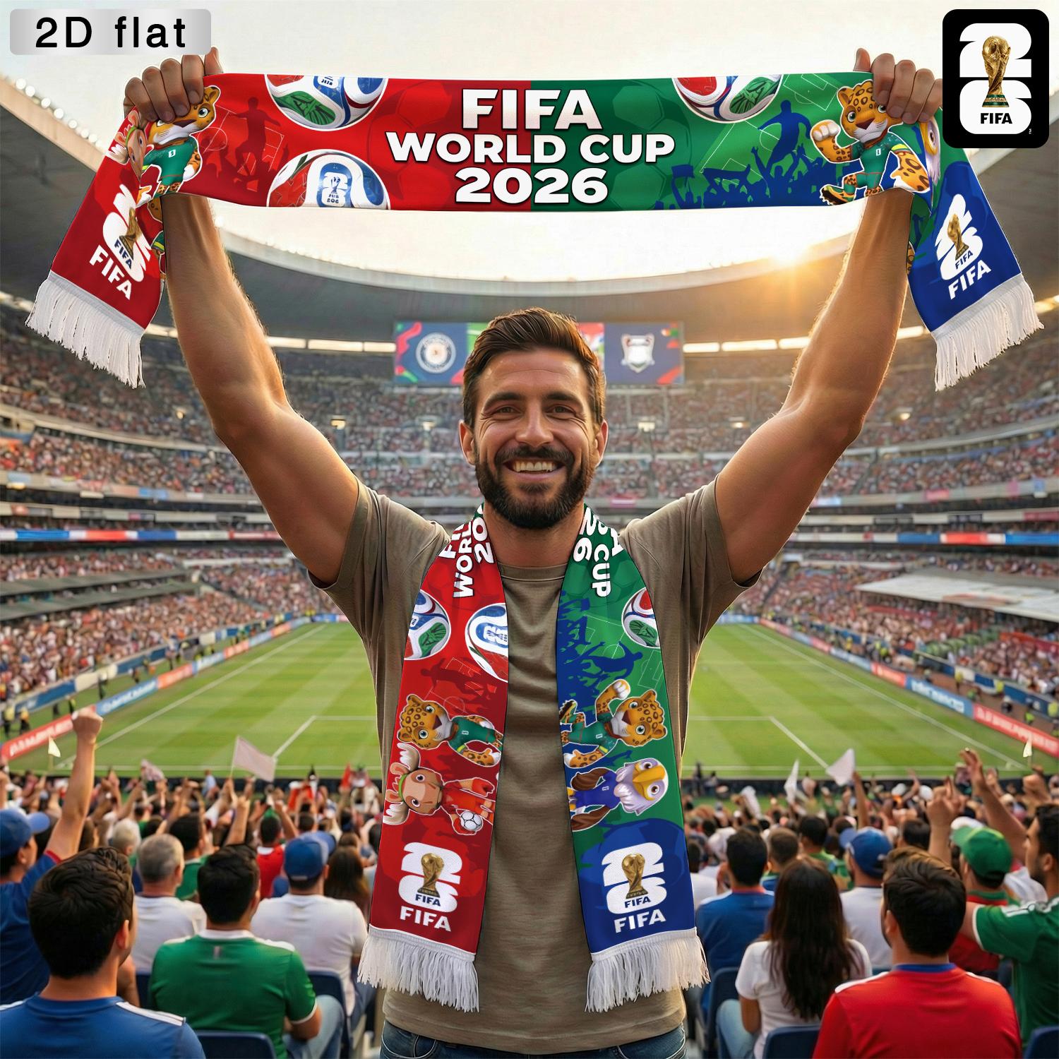 1pc 2026 FIFA World Cup Spectator Scarf (With Tassels), Mascot And Football Design, Red, Blue And Green Color Scheme, an Essential Cheering Accessory, Supporter'S Flag, Polyester