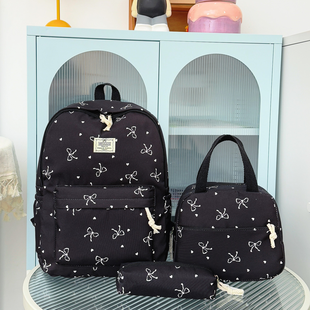 TEMU Ensemble de 3 pièces : Sac à dos avec imprimé nœud, sac pour déjeuner et trousse à crayons, convient pour , l', les voyages, sacoche légère avec