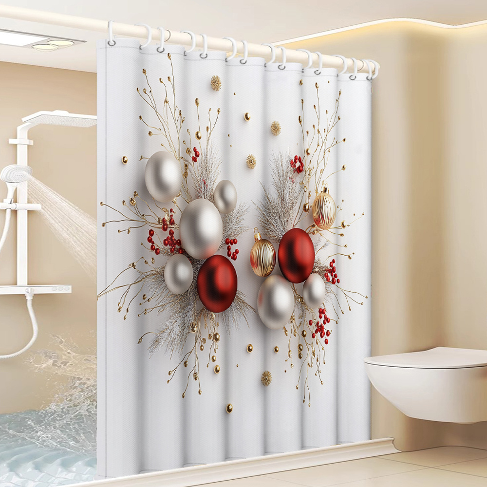 TEMU 1pc Of Christmas Red And Silver Decorative Ball With Leaf Print Shower Curtain, Featuring A Minimalist Artistic Style For Home Decor, Includes