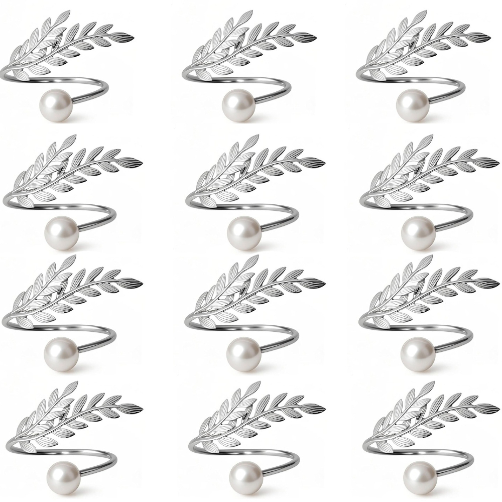 TEMU 6/12pcs Pearl & Silvery Leaf Napkin Rings - Elegant Silvery Pearl Napking Rings Bulk, Elegant Floral Leaf Metal Napkin Rings, Decorative Table