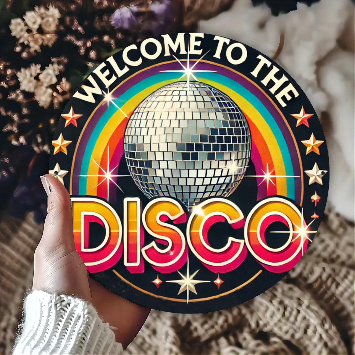 Image of 1pc Retro Disco Welcome Sign, Round Iron Wall Art, 7.87" Vintage Decor For Home , Man Cave, Outdoor Patio - Iron Material