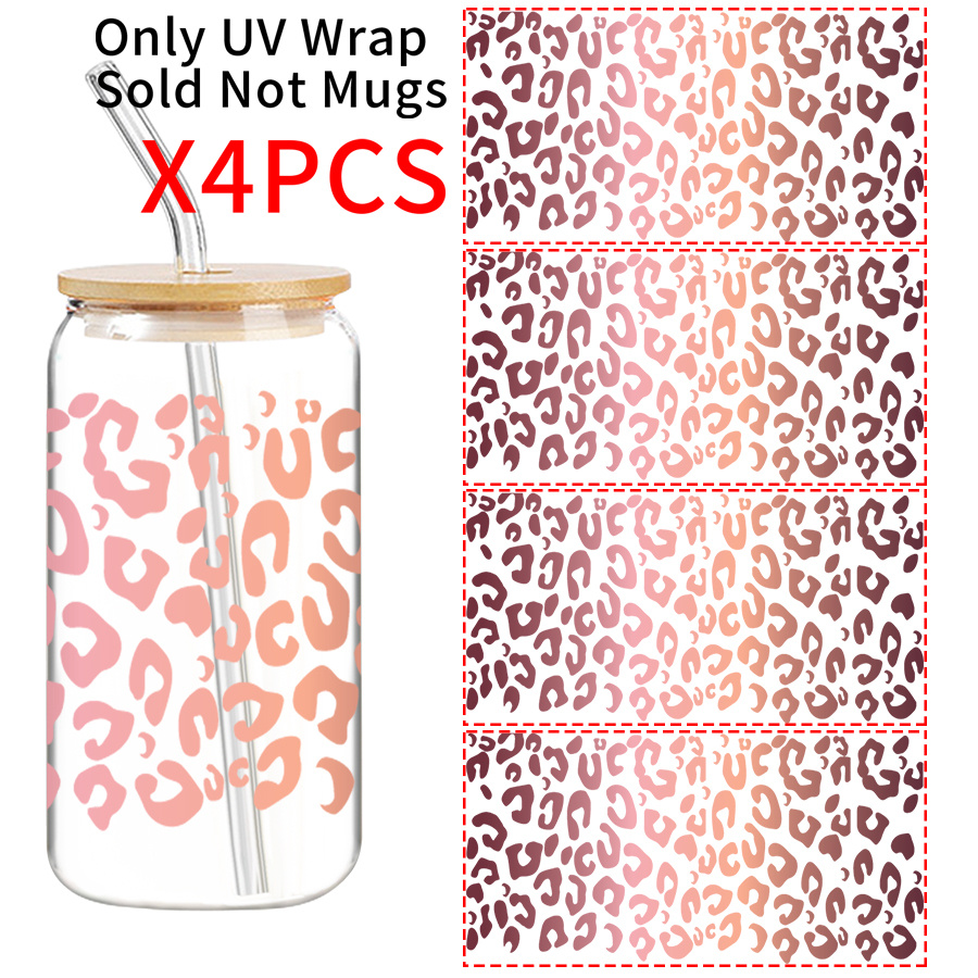 TEMU 4pcs/set Uv Dtf Transfer Stickers, Wine Glass Identifier, Leopard Print, Gradient Pattern, Artistic Decorative Stickers, For Mugs, Phone Cases