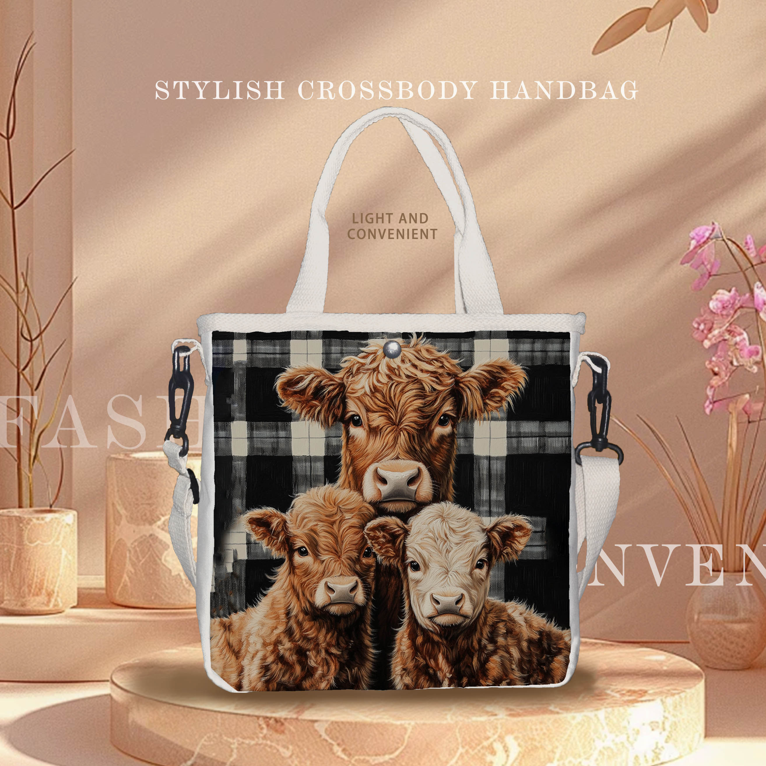 

Highland Cow Print Canvas Tote Bag, Stylish Casual Shoulder Bag With Metal Snap Closure, Detachable Shoulder Strap, Foldable For Easy Carrying.