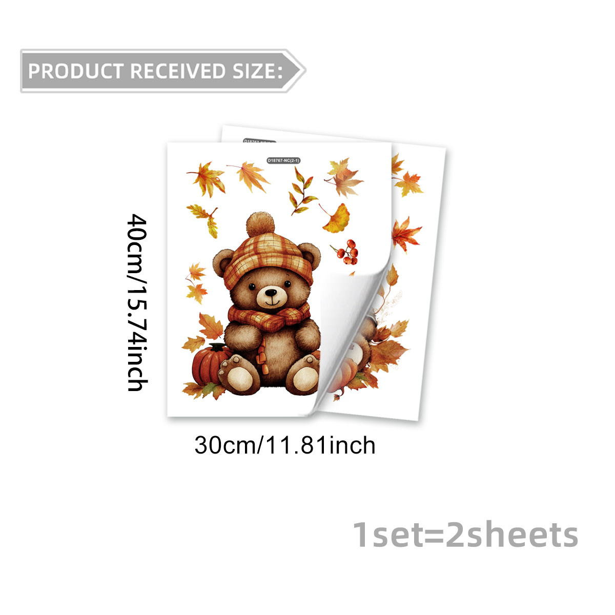 TEMU 2pcs (30 X 40cm X 2pcs) Watercolor Autumn Scarf Teddy Bear Static Window Sticker, Thanksgiving Warm Retro Pumpkin Maple Leaf Glue-free Window