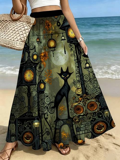 item picture lianyaoshi printed designnot textured bohemian maxi skirt with black cat lantern print olive green lightweight for beach garden parties and casual outdoor wear polyester