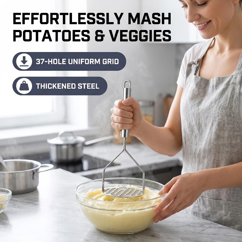 TEMU Thickened Stainless Steel Potato Masher – Effortlessly , Lump-free Vegetables. An Easy-to-clean And Durable Kitchen Tool. Thickened Stainless