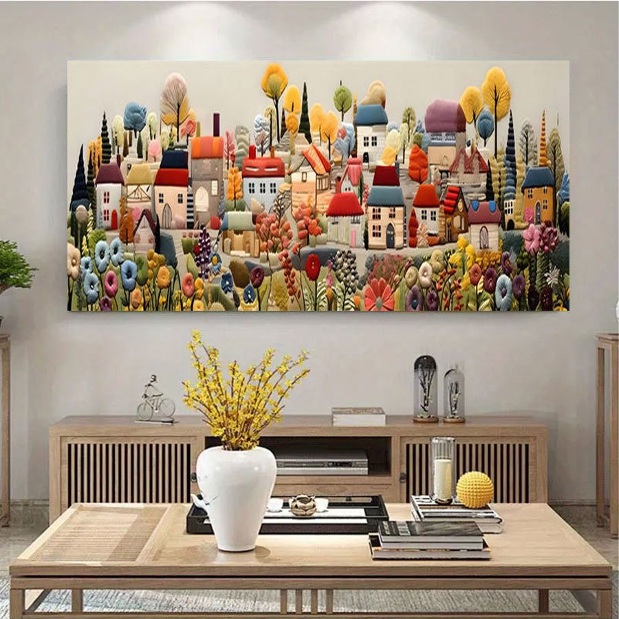 

1pc Bohemian Deco Landscape Canvas Wall Art Print, Stereoscopic Fairy Town Poster, Horizontal Wall Hanging Decor For Living Room, Bedroom, Home Office, Classroom - 50x100cm/19.68x39.37in