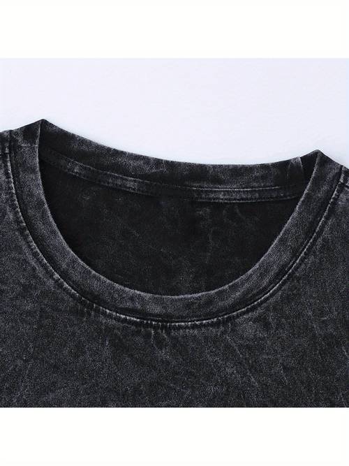mens graphic denim t shirt 100 cotton washed black with white print short sleeve round neck style machine washable anime t shirt