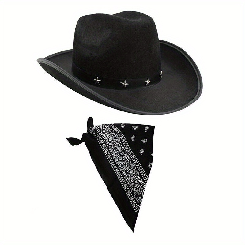 TEMU Adults Cowboy Hat & Bandana Set Western Fancy Dress Wild West Tv Sheriff Mexican