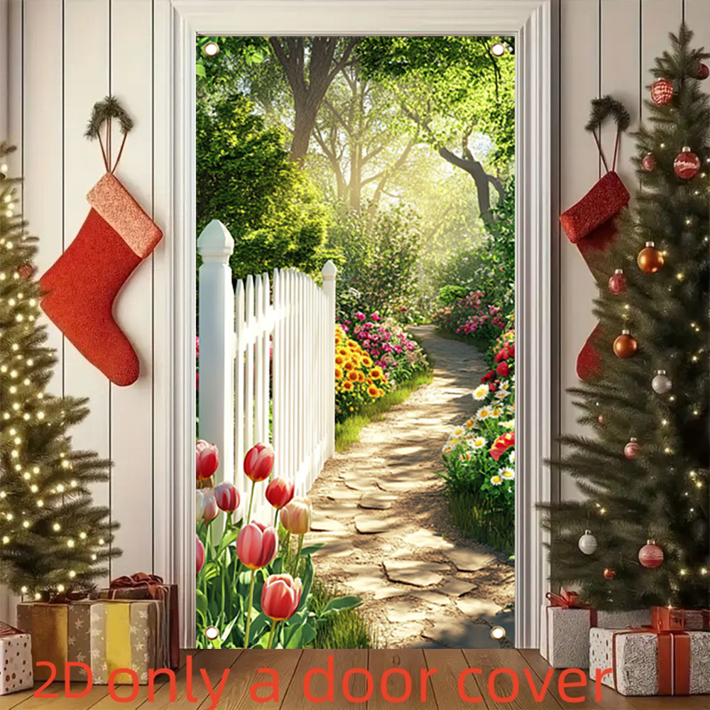 

[1pc Garden Theme Door Cover] 1pc Polyester Door Cover, 2d Flat Theme, Indoor & Outdoor Party Banner, Photo Props, No Power Needed, 35.4x70.8 Inches