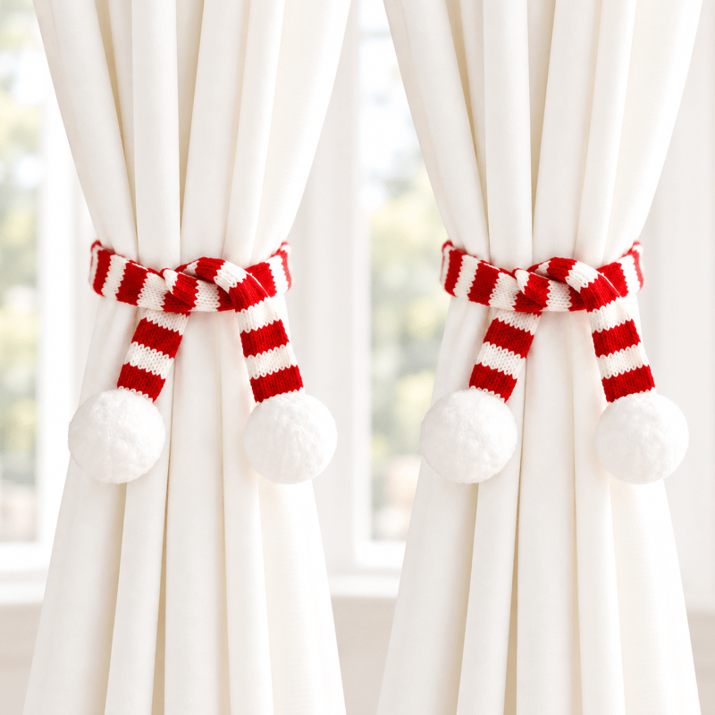 TEMU 2pcs Christmas Style Curtain Ties, Red And Green Scarf-style Curtain Decorations, Pom-pom Curtain Ties For Living Room And Bedroom Window