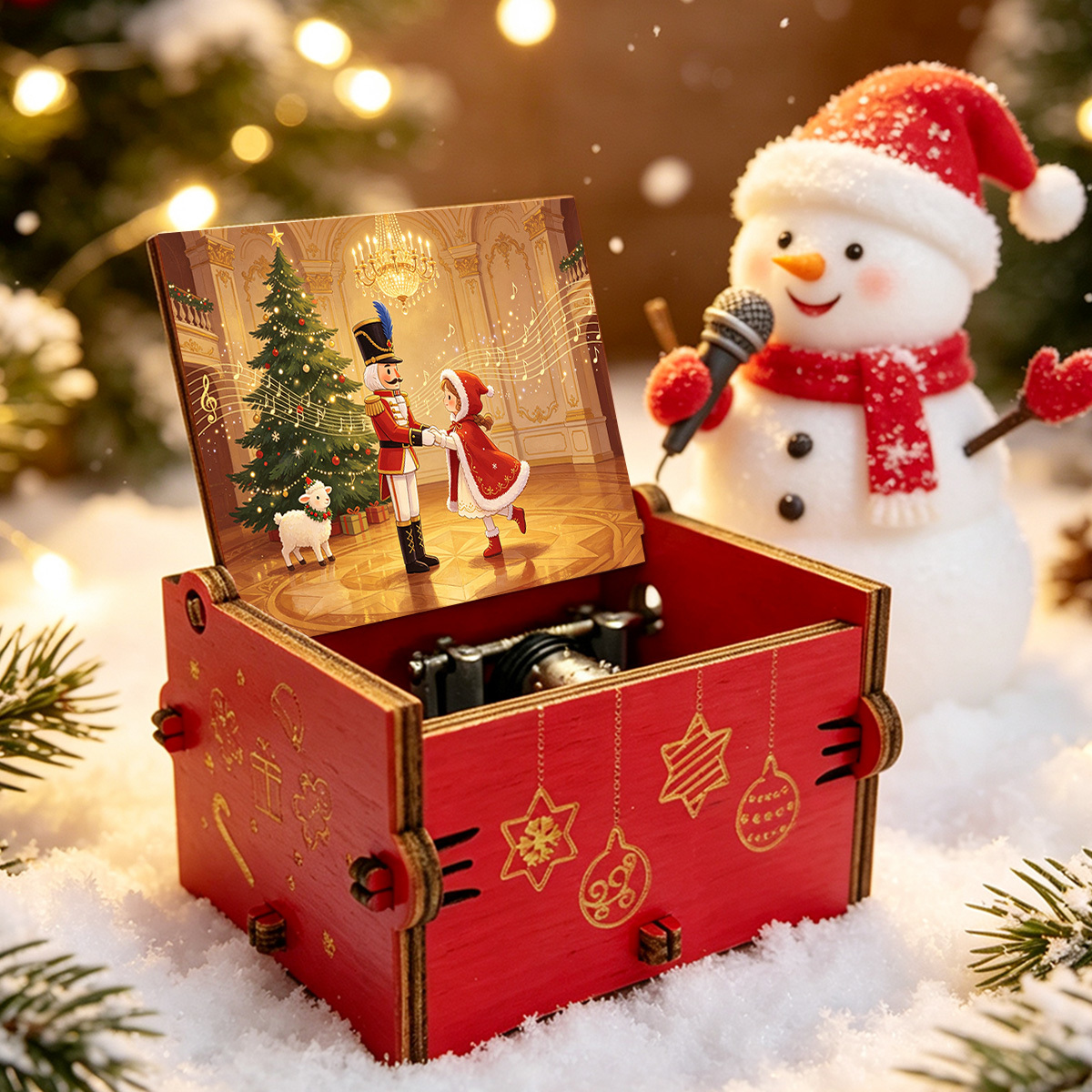 TEMU Boîte à musique rouge avec mécanisme à et mélodies - Convient pour décoration de table à , cadeau de Noël/ An, remontoir en bois artificiel pour
