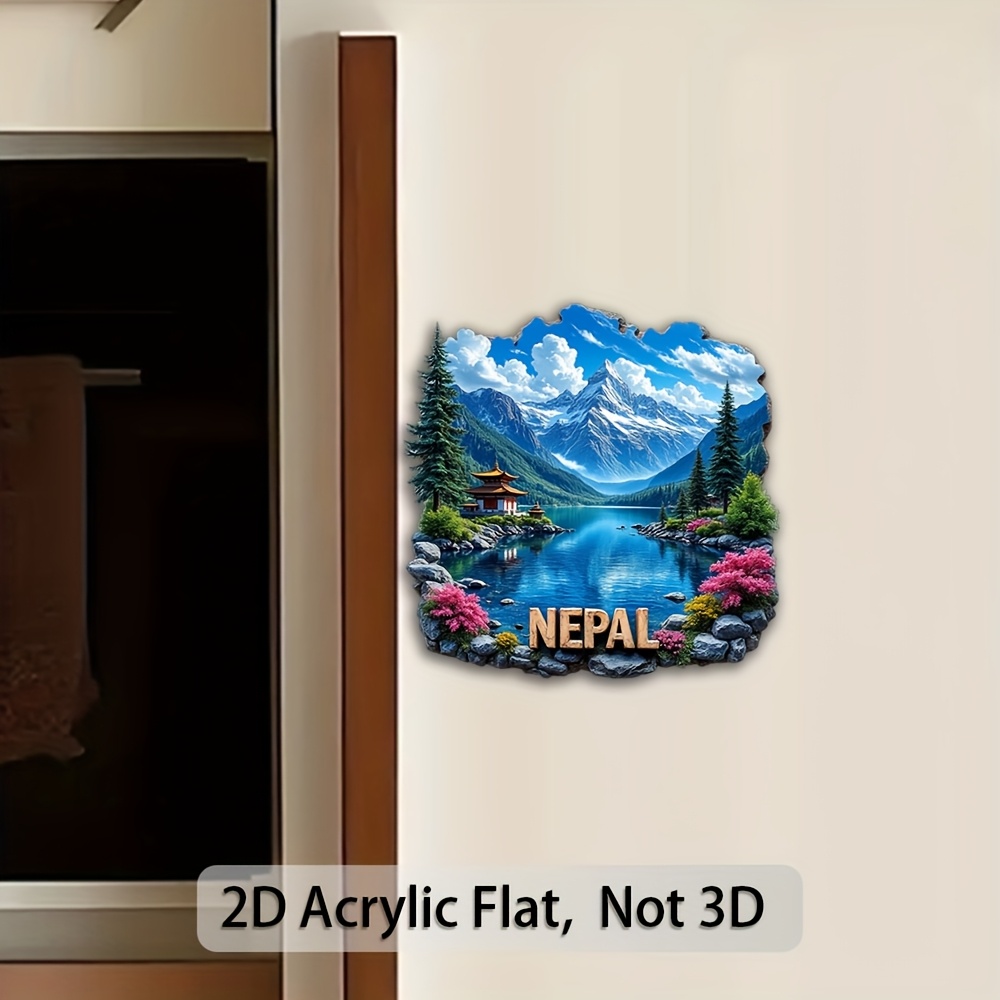 A Single Decorative Plaque And Ornament in The Form of a 2D Flat Acrylic Fridge Magnet Featuring a Landscape from Nepal. This Fridge Sticker Serves As a Travel Keepsake And Is Ideal for Enhancing Home Decor, Particularly in Kitchens