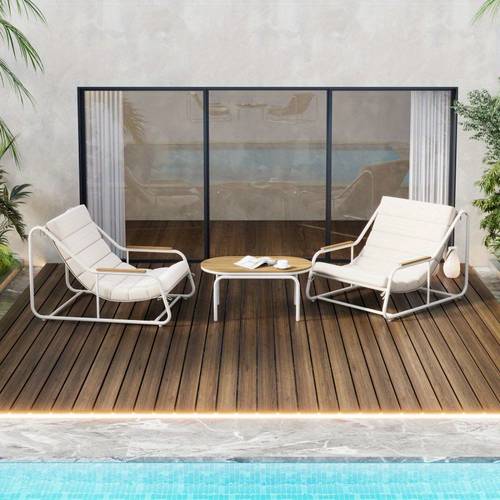 trexm outdoor chaise lounge chairs set of 3 patio chaise lounge chair with acacia side table pool lounge chairs for lawn deck white