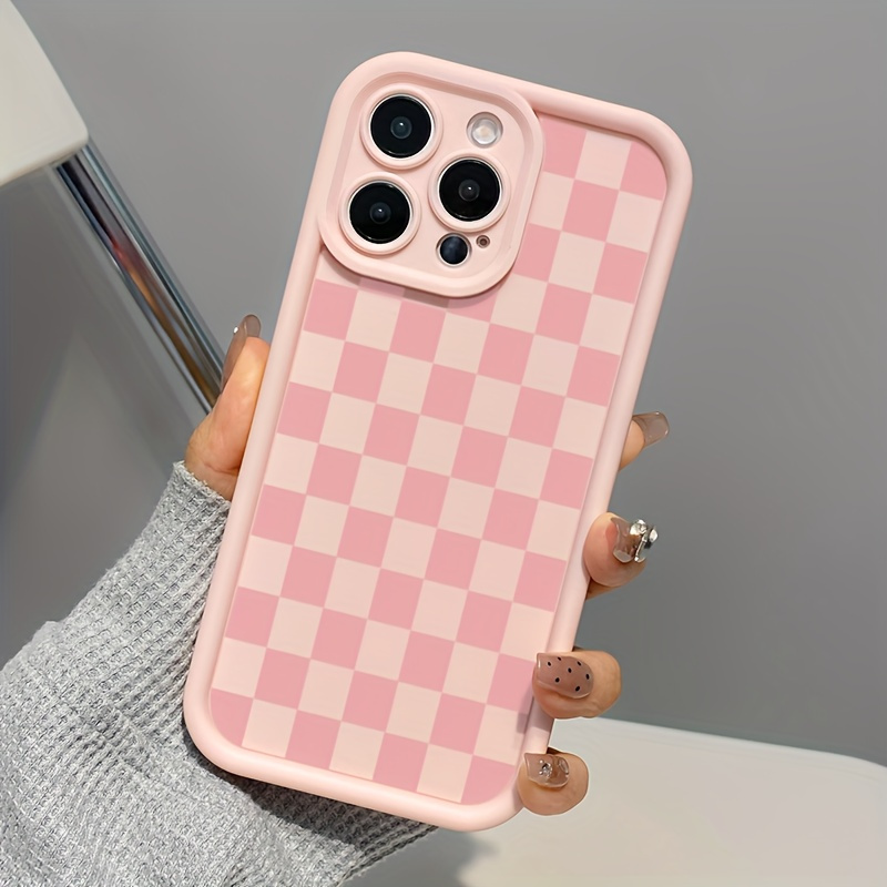 TEMU Phone Case: High Bamboo Pink Checkered Pattern Background Tpu Soft Ladder All Inclusive Protective Phone Case Suitable For Iphone