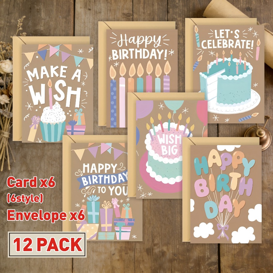 12 fun birthday greeting cards with envelopes 6 unique text designs vibrant   greeting cards suitable for   friends women men mom dad   thank you cards for birthdays mothers day teachers day