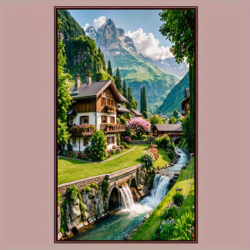Image of Cabin Under The Mountains& Flowing Bridge- Diy 5d Diamond Painting Kit, Round Rhinestone Mosaic Art, Frameless Wall Decor Craft Set, 39.88x50.04cm/ 39.88x59.94cm