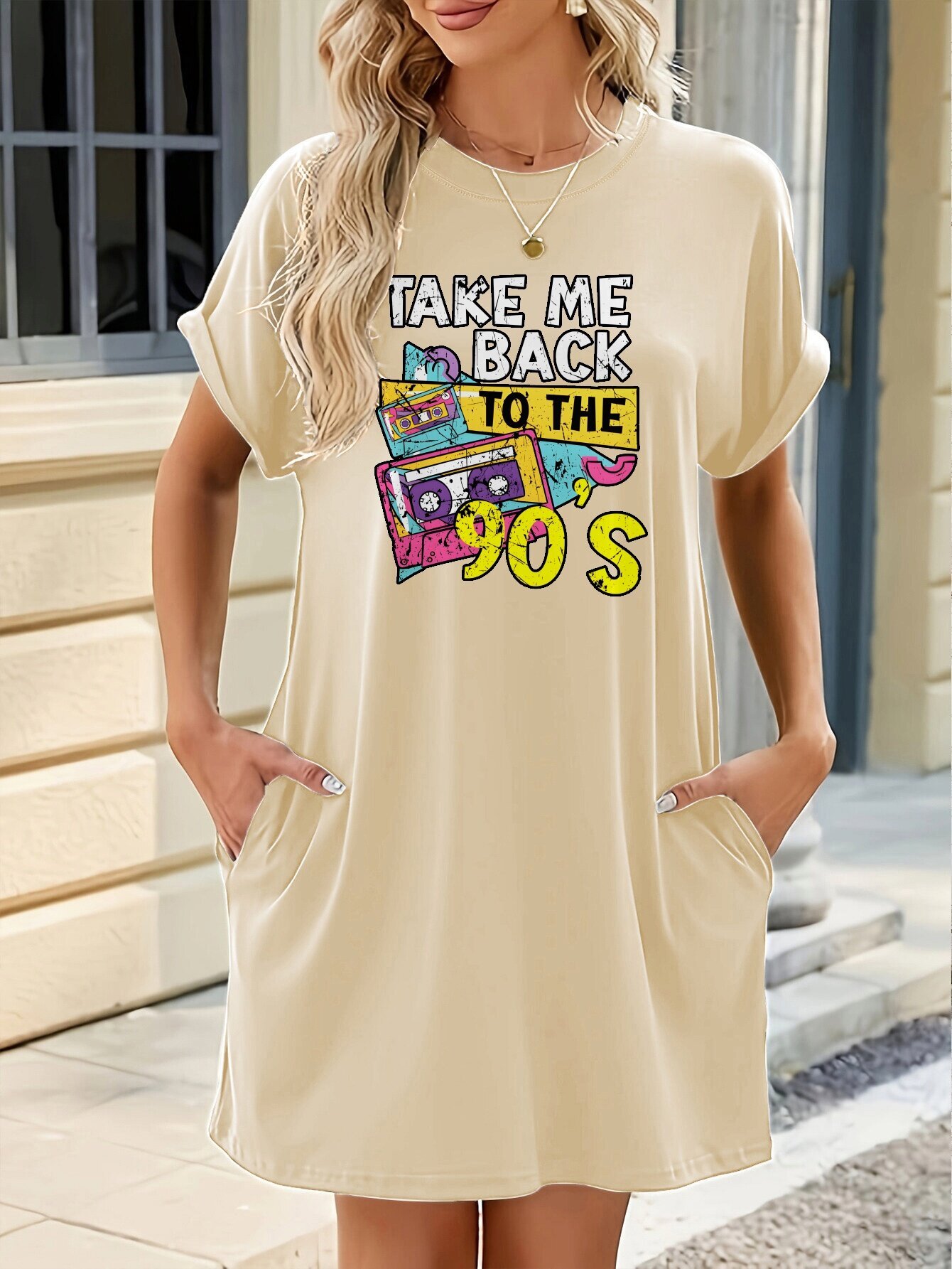 women's 80s retro graphic t-shirt dress with starburst print & side pockets  - 1938-1947 vintage-inspired casual short sleeve round neck loose fit  machine washable summer beach vacation outfit, festive holiday attire, soft