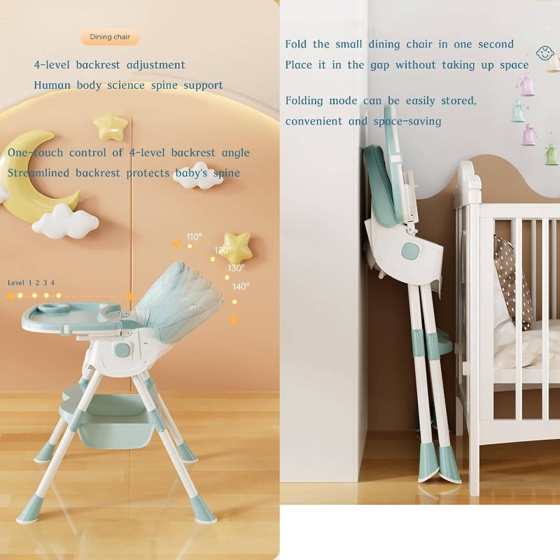 4-in-1 Folding High Chair with Removable Adjustable Height, Reclining Backrest & Safety Harness - Convertible to Stroller, Booster Seat & Play Chair, Lightweight Portable Feeding Chair with Storage Pocket, No Assembly Required, Graffiti Green (Deep