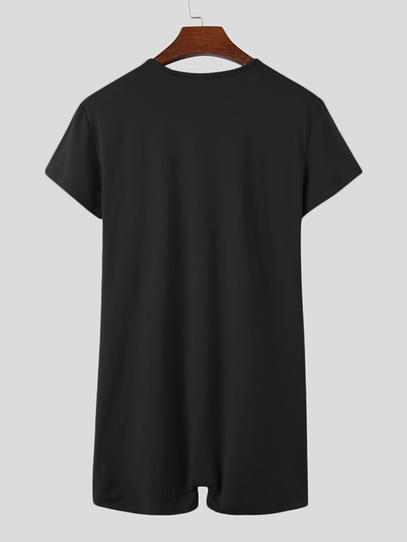   men simple comfy solid short sleeve crew neck zip up thin playsuit jumpsuit pajamas for home