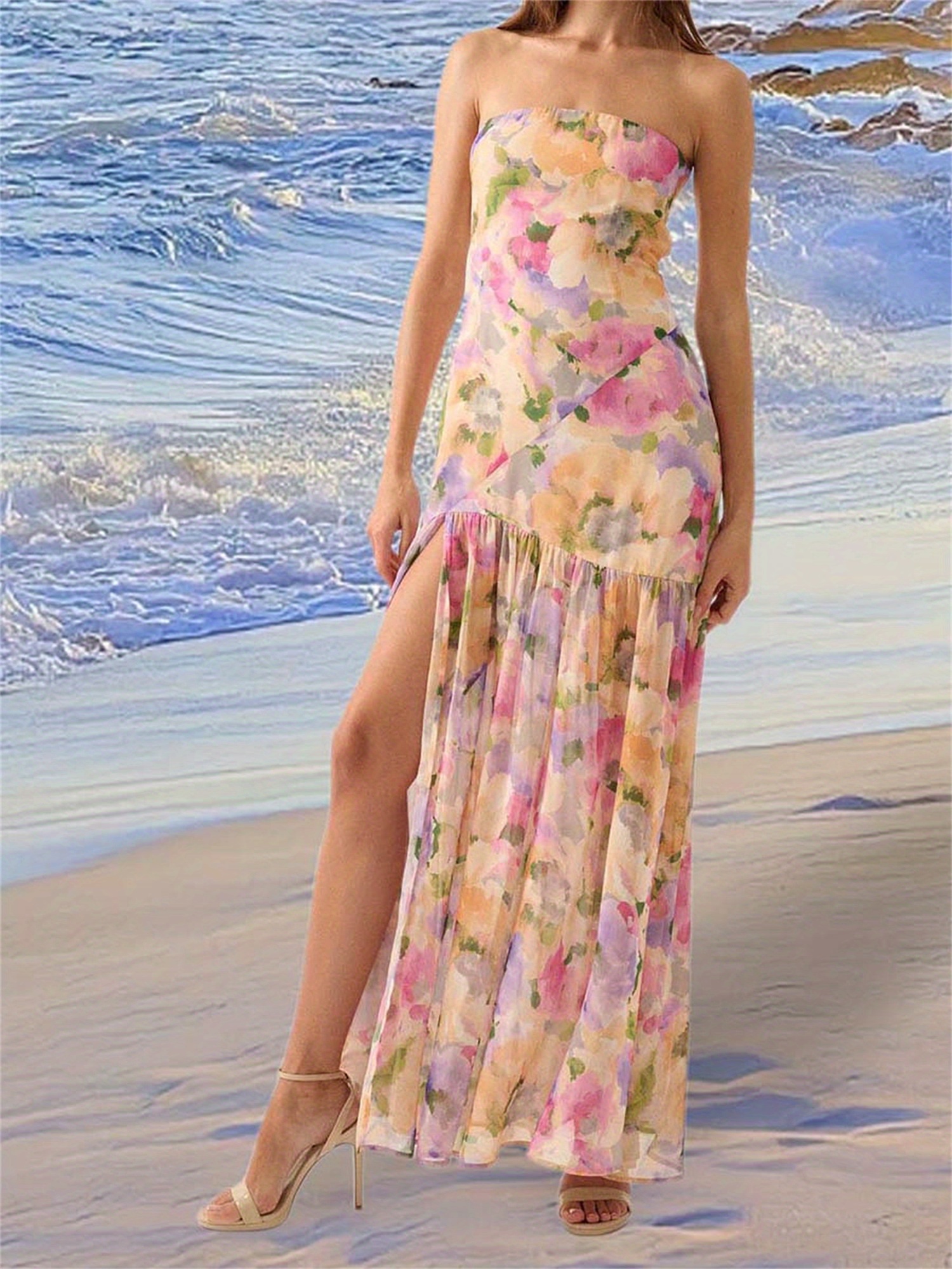 women summer long bandeau dress sleeveless shoulder flower - Temu