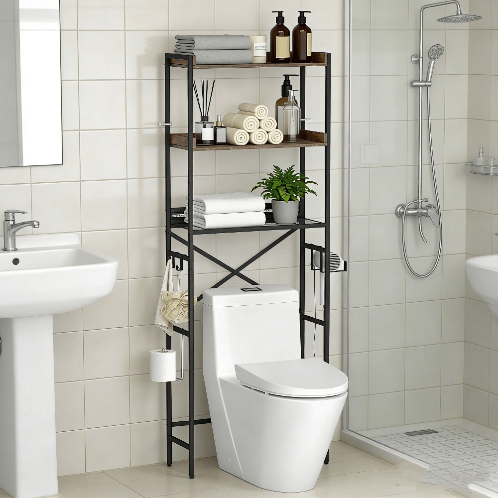 Over-the-toilet Storage Rack, 3-tier Bathroom Organizer Shelf Over Toilet With Adjustable Shelf And Basket, Freestanding Space Saver Bathroom Shelves Above Toilet For Room