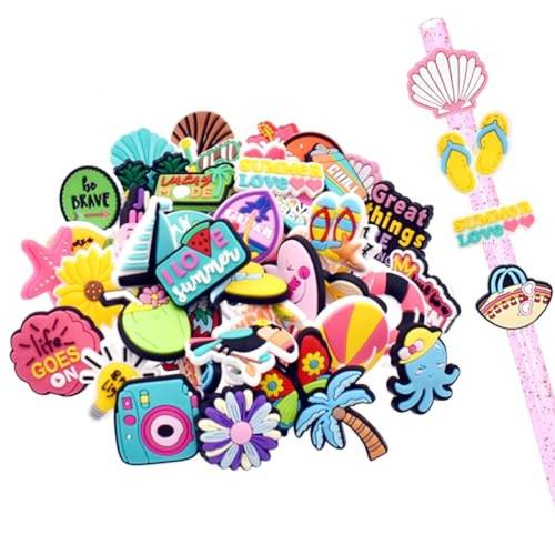 50 assorted colorful summer straw toppers designed for tumbler straws measuring 0 35 to 0 4 inches pvc decorative charms are perfect for party favors