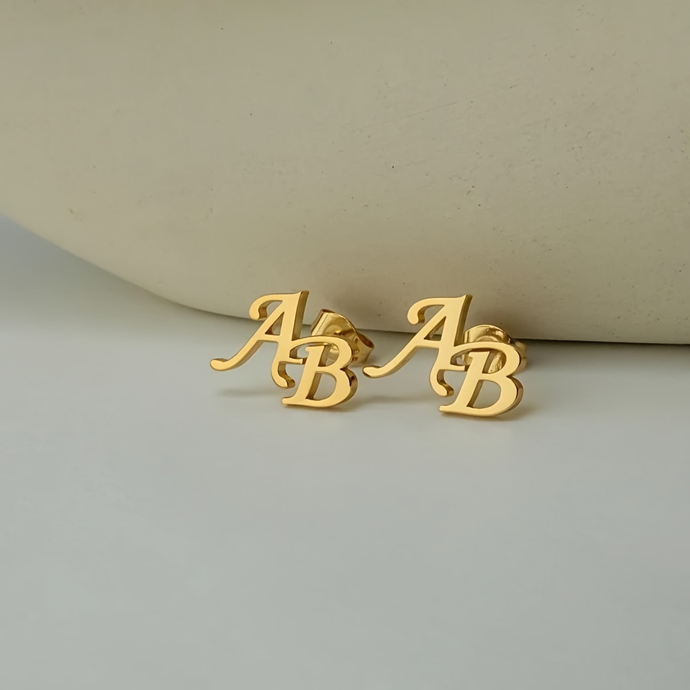 TEMU Custom Earrings: A Pair Of 201 Stainless Steel Double-letter Earrings, Easy And Stylish Personalized Additions, Suitable For Couples As Everyday