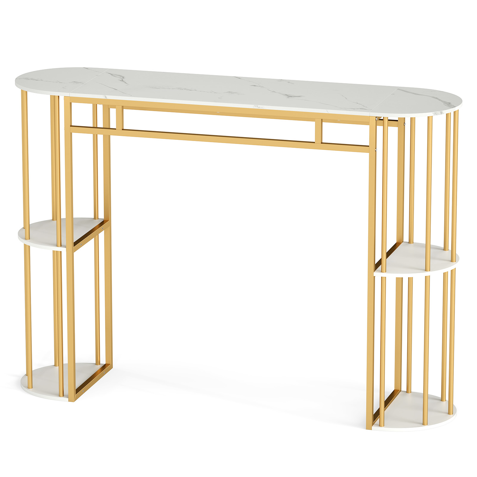 Image of 150cm Long Bar Table, Narrow Pub Table With Marble Tabletop & Storage Shelves, Modern Bar Height Furniture For Kitchen, Dining Room, Living Room, Golden And White
