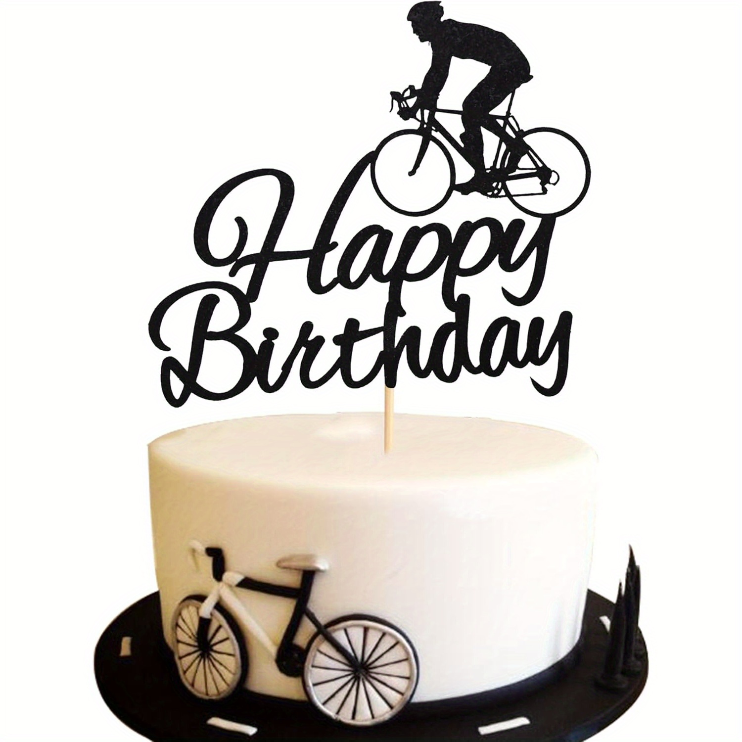 Image of 1pc Bicycle Happy Birthday Cake Topper, Birthday Party Cake Decoration, Sports Themed Cake Topper